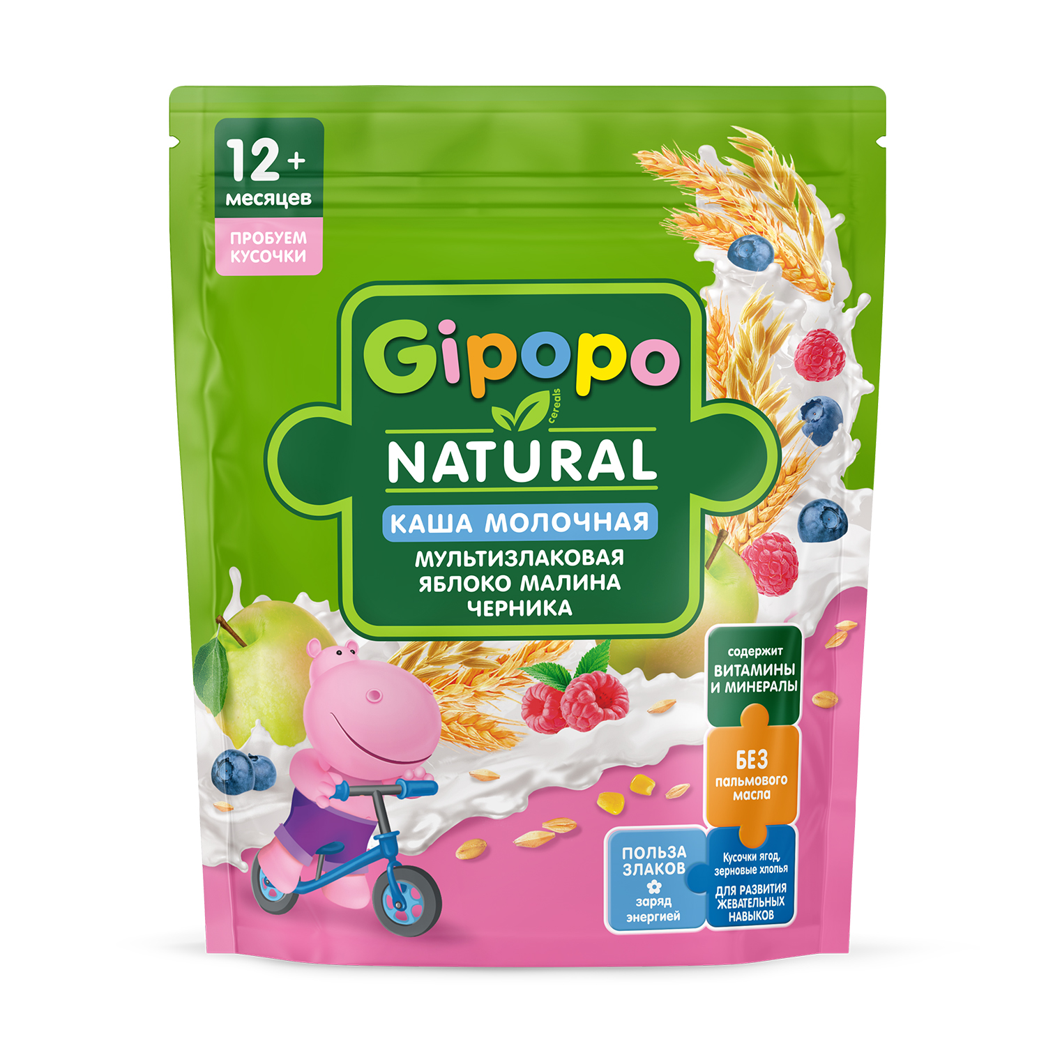Каша Gipopo молочная мультизлаковая яблоко малина черника 200г 12 месяцев - фото 1