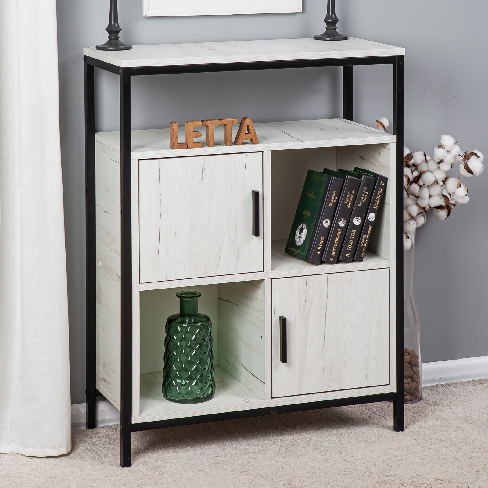 Комод стеллаж LETTA Frame Цвет Дуб Крафт Белый Черный металл 700х910х300 - фото 3