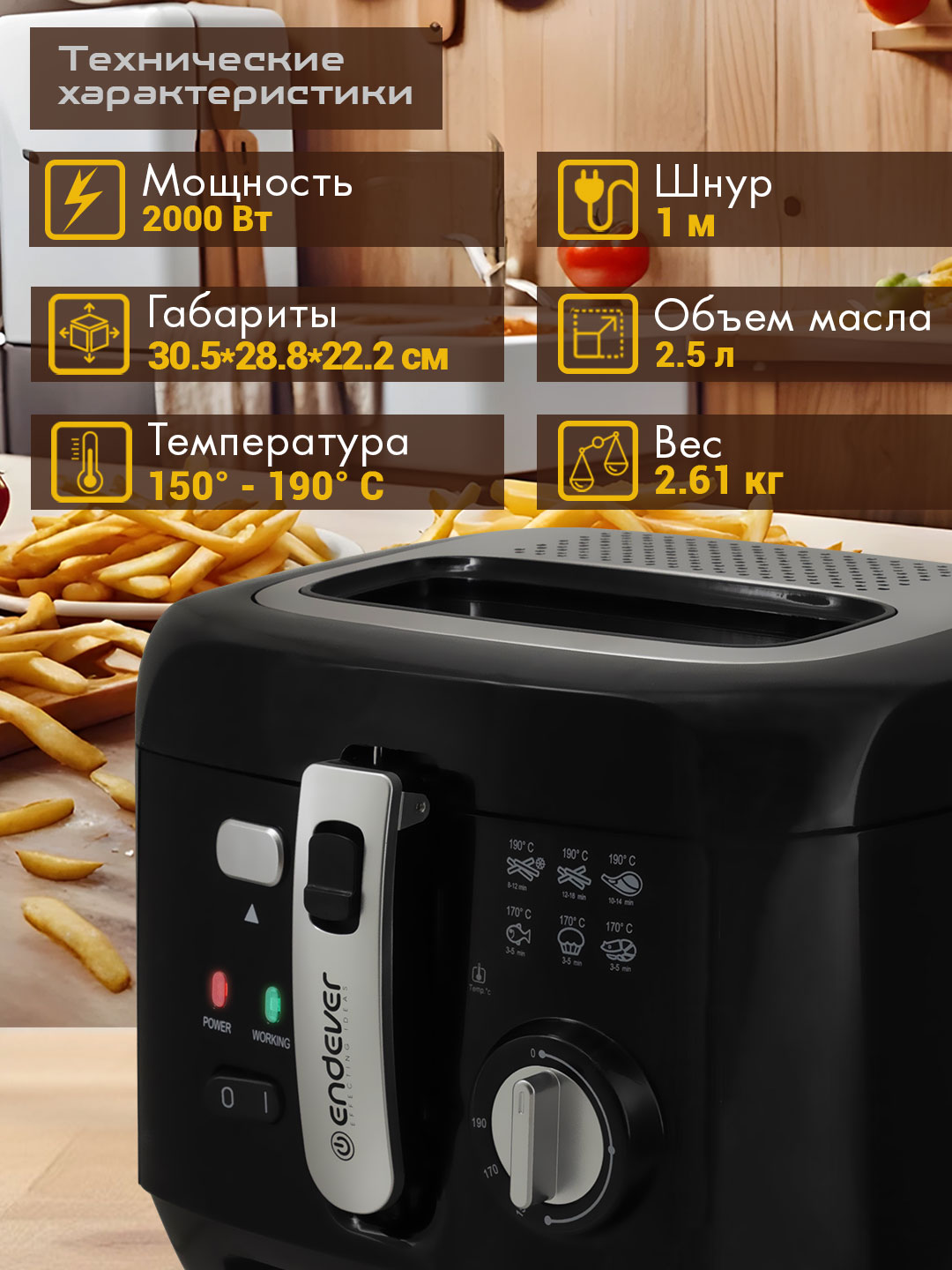 Фритюрница ENDEVER Skyline FR-114 2000 Вт 5 л съемная чаша черный/стальной - фото 2
