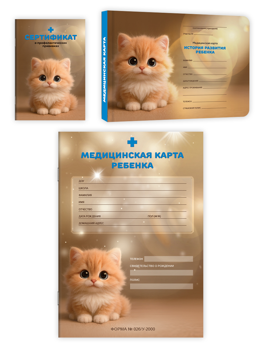 Медицинская карта Проф-Пресс 2 шт+прививочный сертификат. Набор медицинских документов. Рыжий котёнок - фото 11