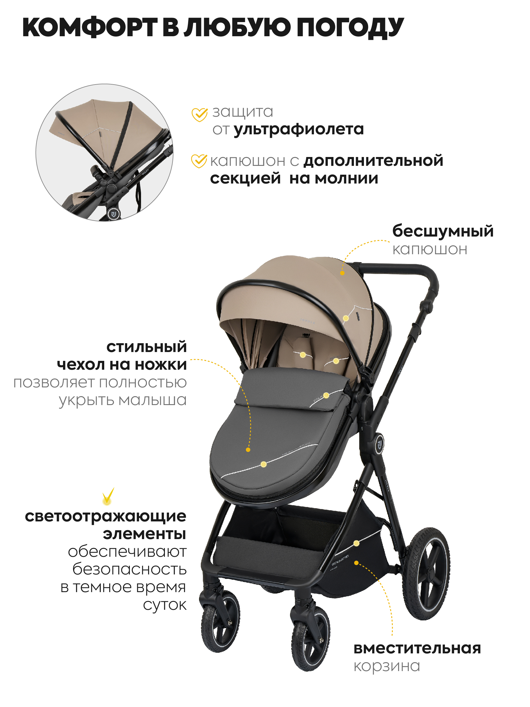 Коляска трансформер JOVOLA 2в1 Folk+ бежевый - фото 4