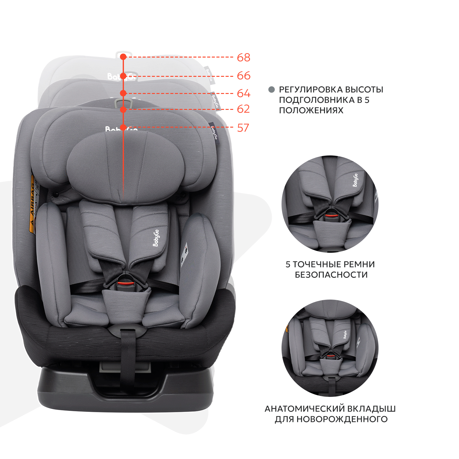 Автокресло BabyGo 4-Stage 0+/1/2/3 (0-36 кг) серый - фото 4