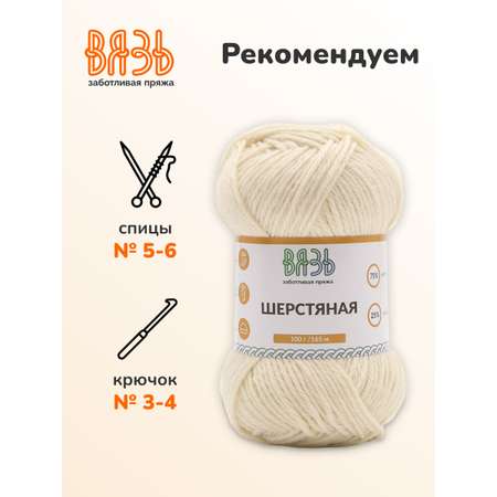 Пряжа ВЯЗЬ Шерстяная для повседневной одежды 100 гр 165 м 3 мотка 01 белый