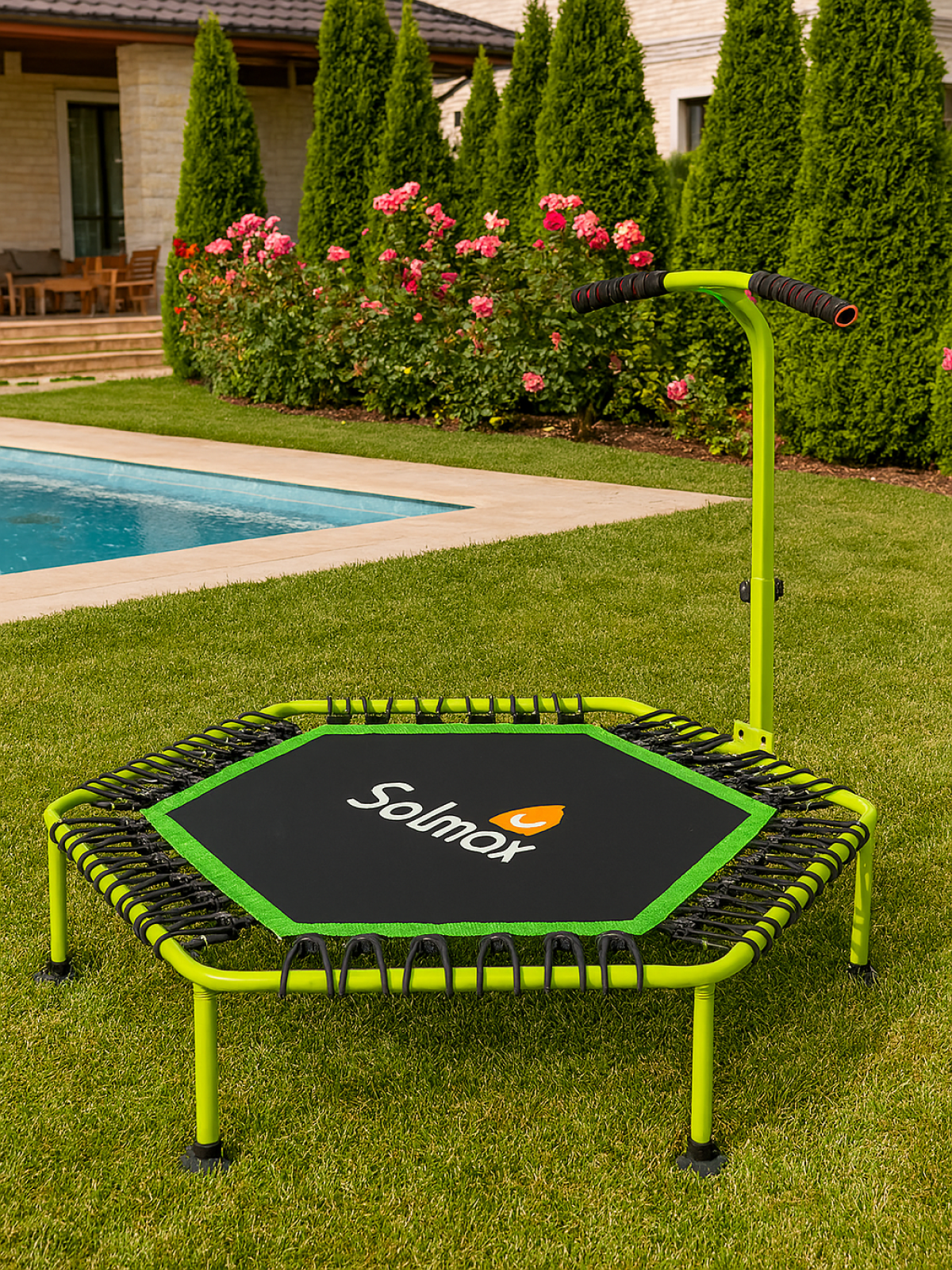 Каркасный фитнес батут Solmax с держателем ручкой 100 см для детей и взрослых черный зеленый - фото 11
