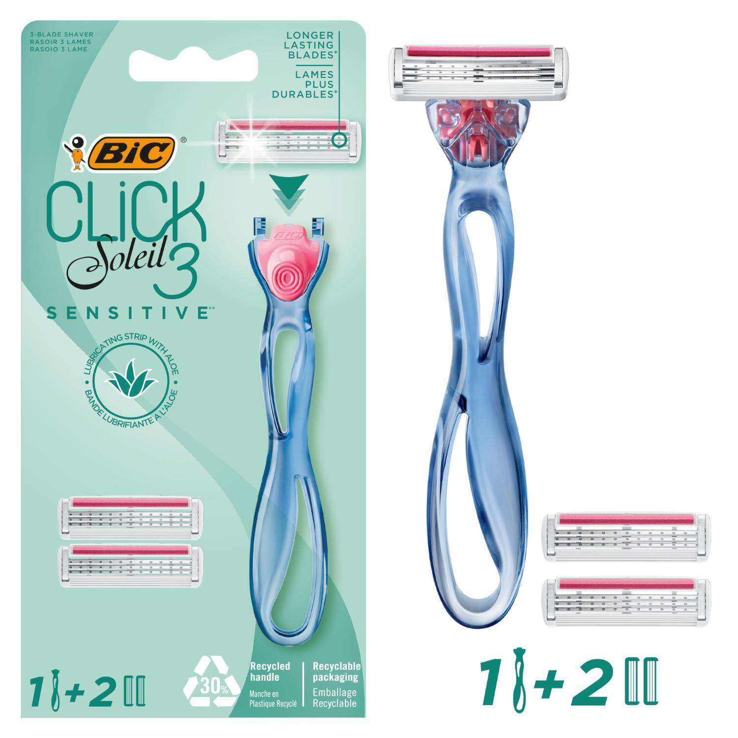 Бритва женская BIC Click 3 Soleil Sensitive 1 ручка и 2 сменные кассеты - фото 1