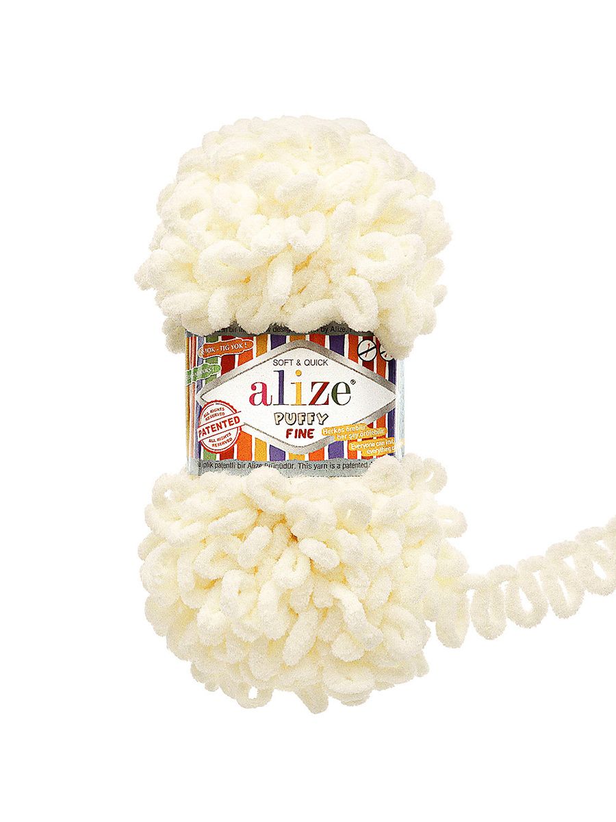 Пряжа для вязания Alize puffy fine 100 г 14.5 м микрополиэстер фантазийная мягкая 62 светло-молочный 5 мотков - фото 4