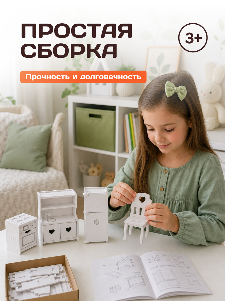 Аксессуар для кукол Pema kids кухня, кукольная техника, кукольный интерьер, стол, стул, комплект мебели 476420 Набор мебели Кухня (Белый) - фото 5