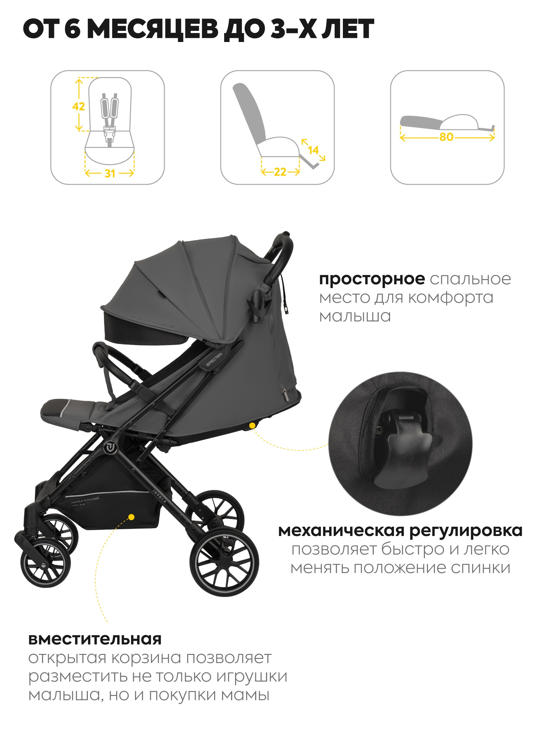 Коляска прогулочная JOVOLA Specter темно-серый серый - фото 4