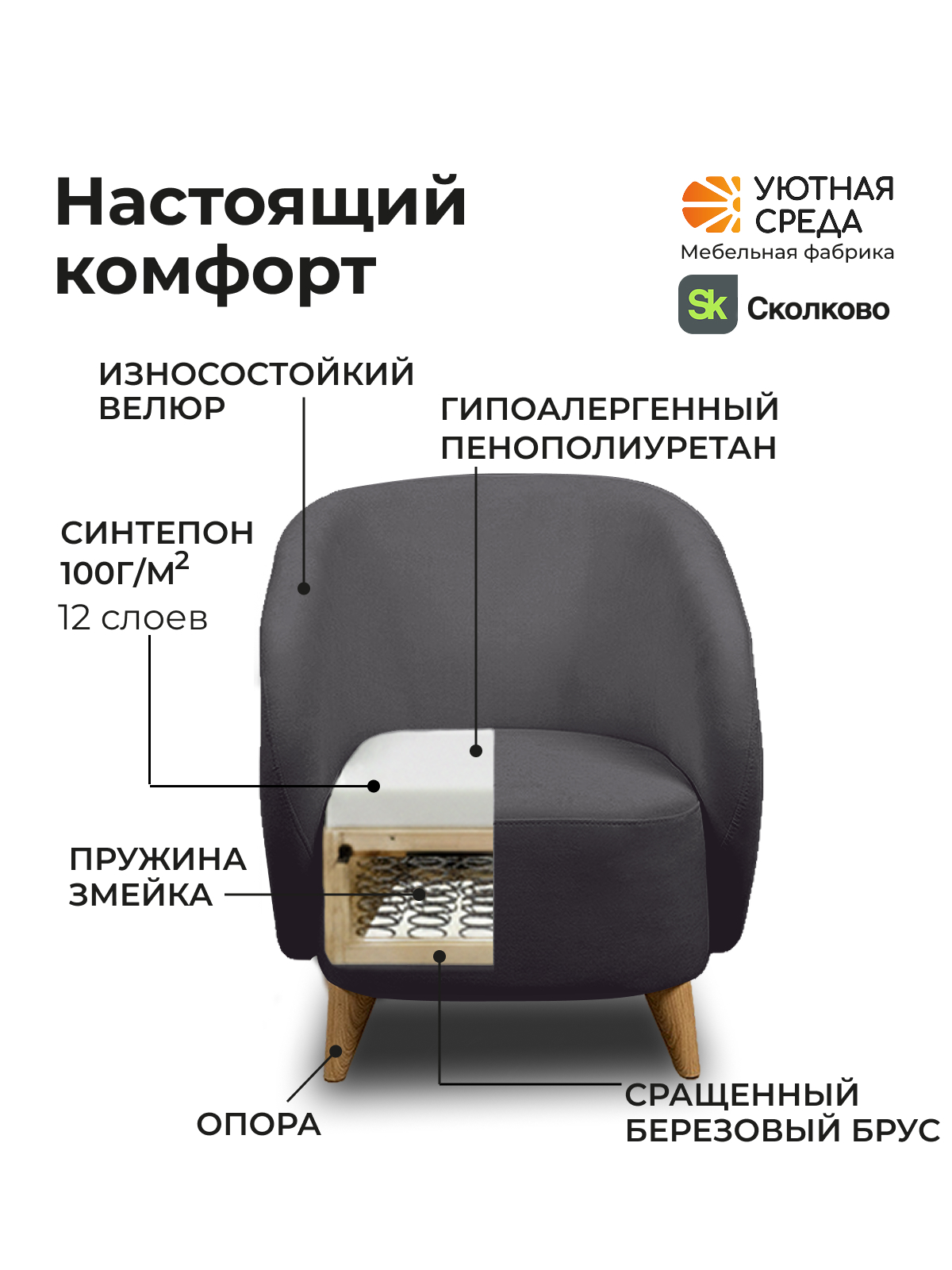 Кресло Уютная среда графитовый велюр черный - фото 8