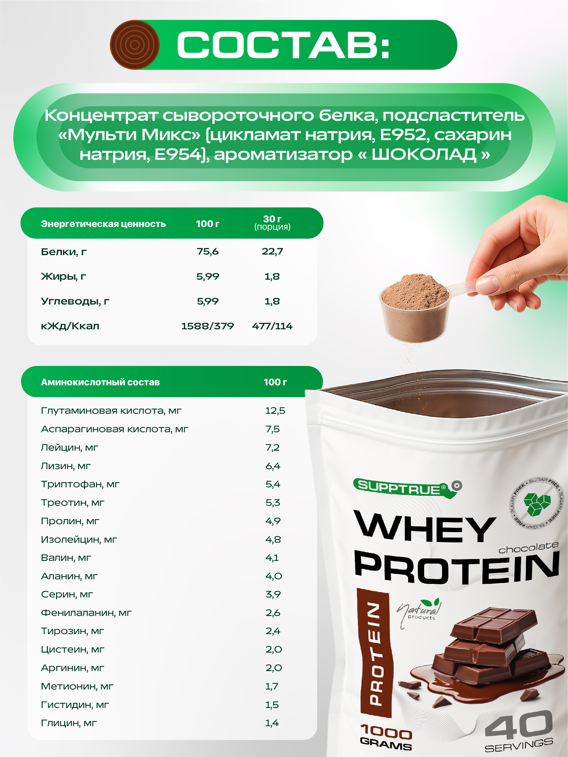 Протеин 1 кг. SUPPTRUE WHEY PROTEIN со вкусом шоколада 40 порций - фото 9