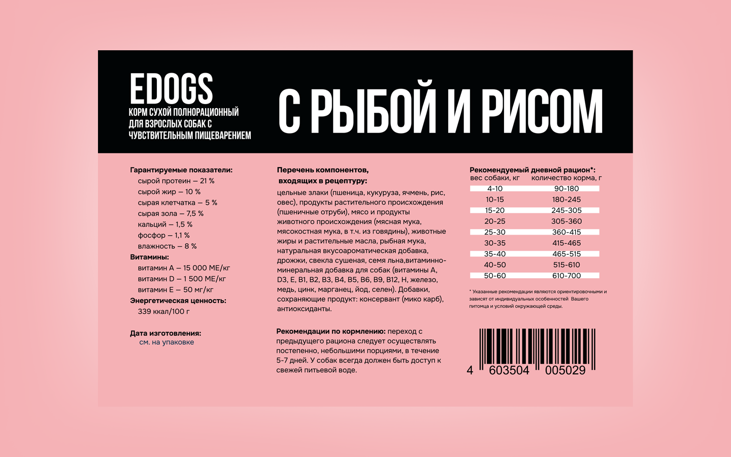 Корм сухой полнорационный EDOGS для собак с чувствительным пищеварением с рыбой и рисом 15кг - фото 7