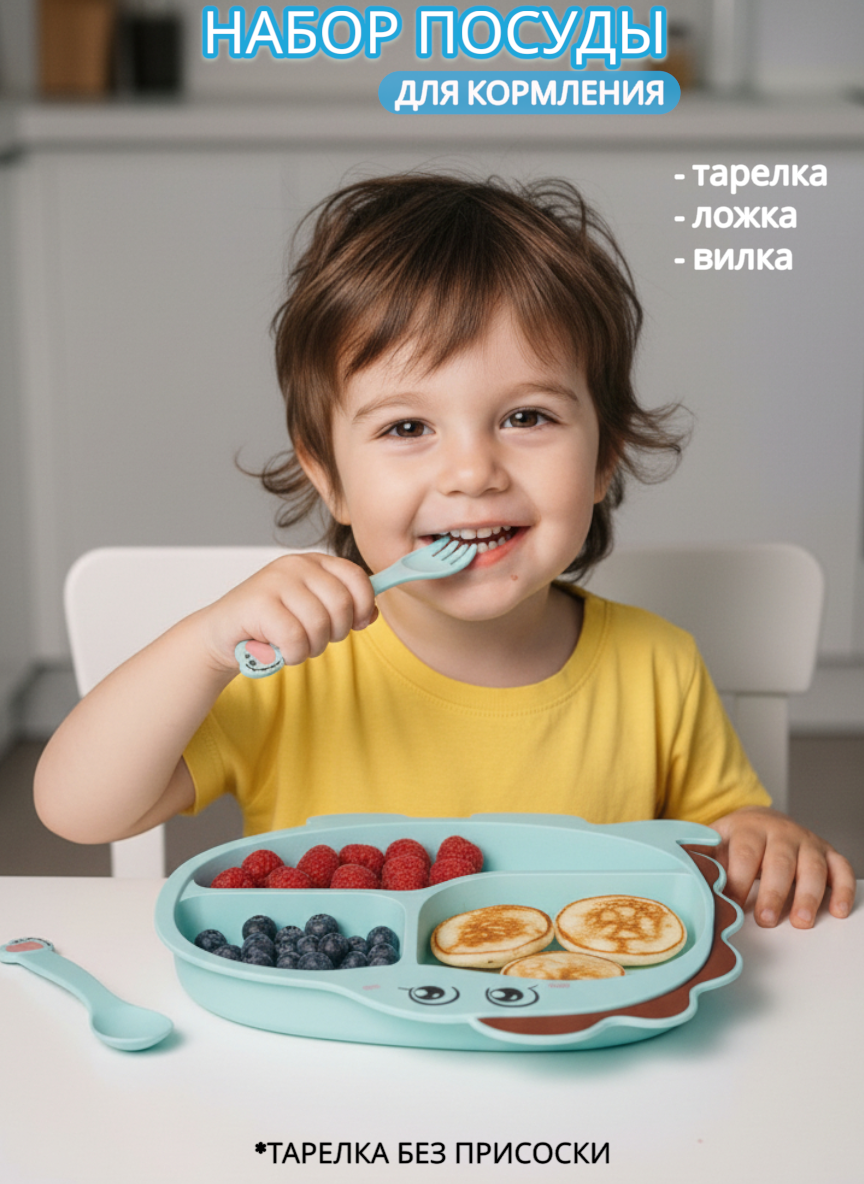 Изображение товара Детский набор посуды Добрый Филин 4 предмета тарелка, вилка, ложка, палочки голубой