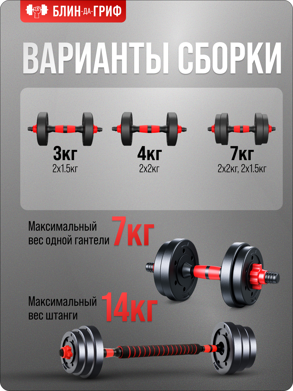 Набор блинов с грифом БлинДаГриф Гантель 7 кг 2 шт - фото 3