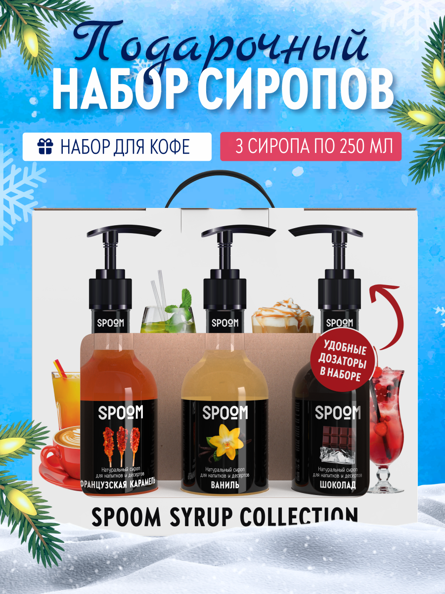 Набор сиропов SPOOM Французская карамель Ваниль Шоколад для кофе 3 шт по 250 мл и 3 помпы - фото 1