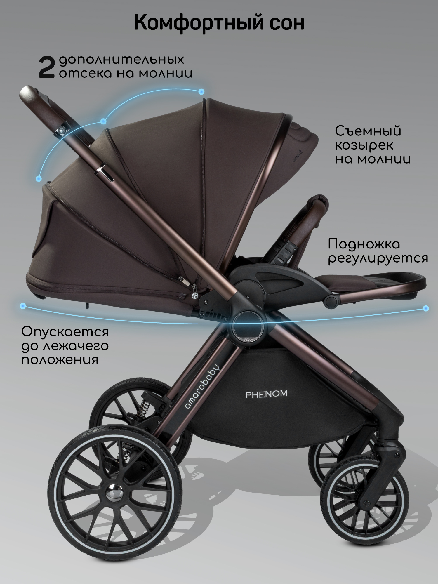 Коляска 2в1 Amarobaby Phenom коричневый - фото 10