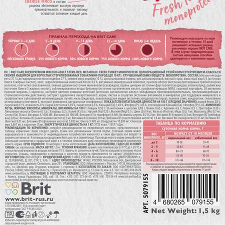 Корм для собак для мини пород Brit стерилизованных Care Mini 1.5кг с индейкой Adult Sterilised Metabolic