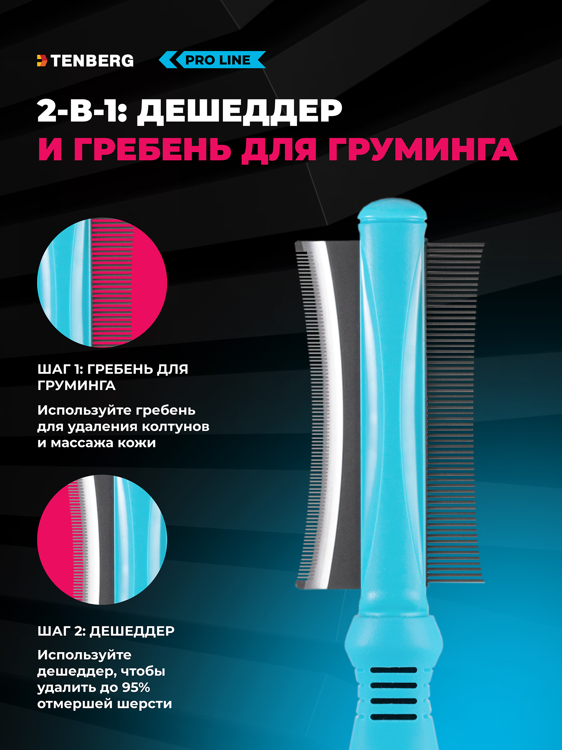 Дешеддер гребень 2-в-1 TENBERG Vertigo Blue - фото 2
