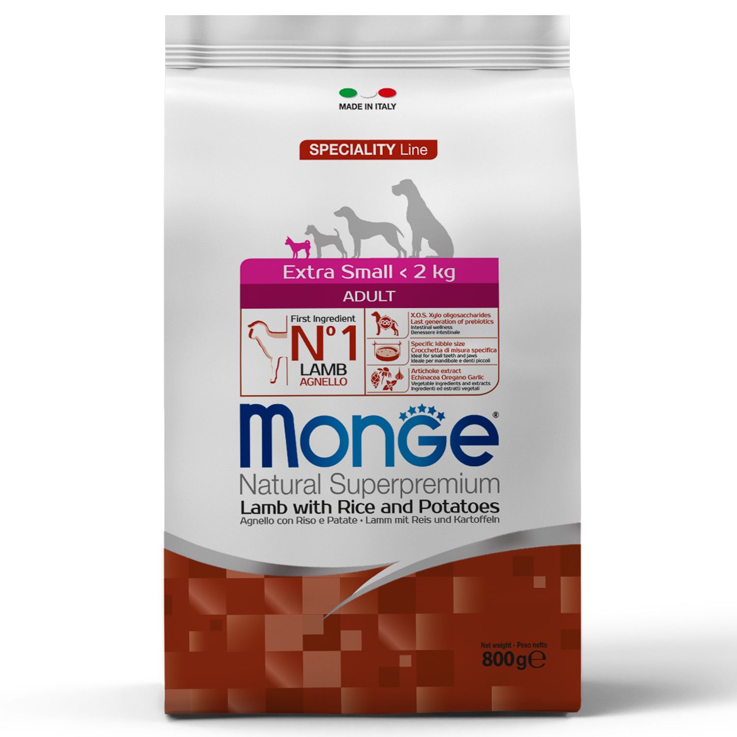 Корм для собак MONGE Dog Speciality Extra Small взрослых миниатюрных пород ягненок с рисом и картофелем 800г - фото 1