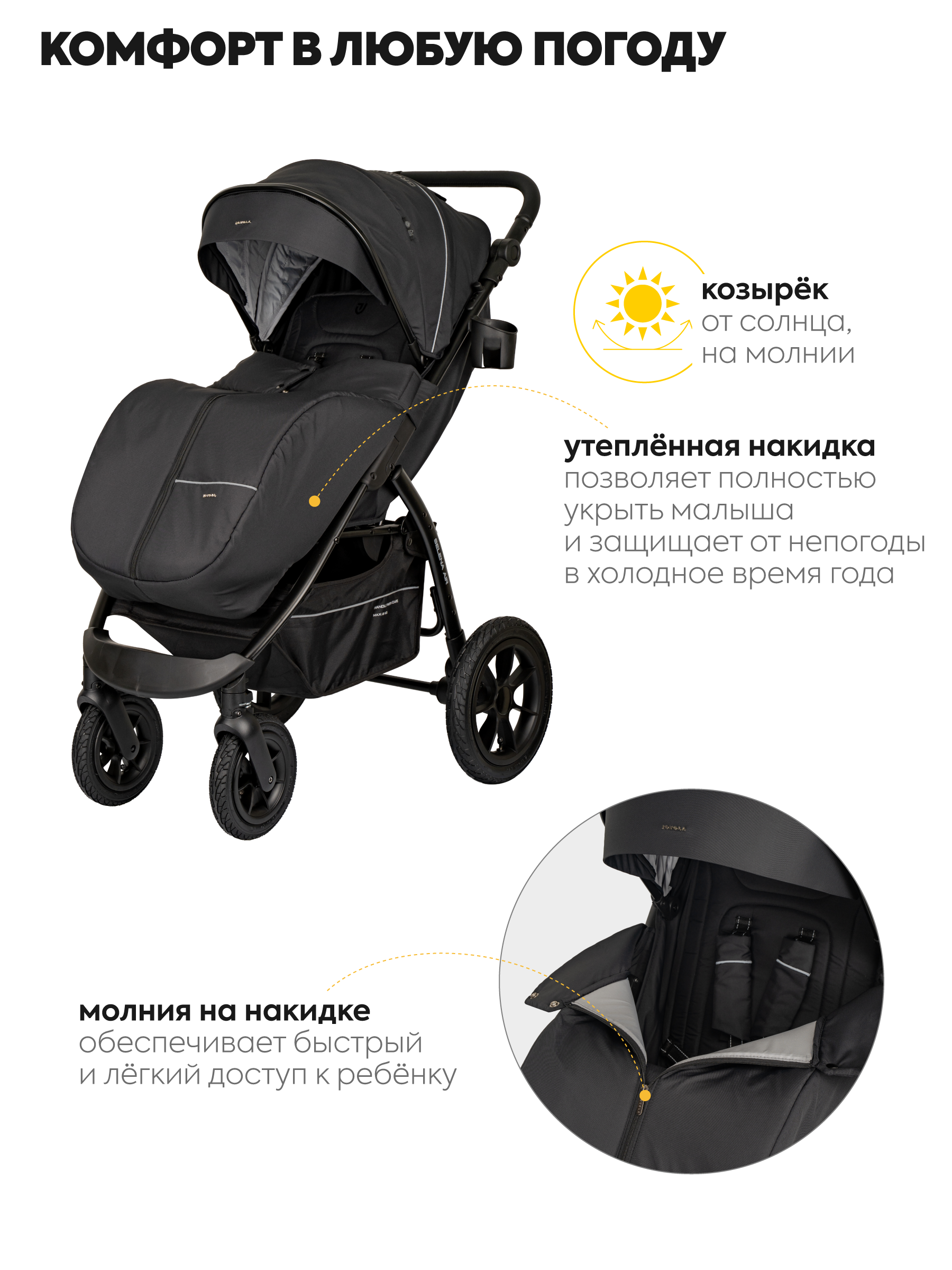 Коляска прогулочная JOVOLA SELENA Air 25 с сумкой черный - фото 7
