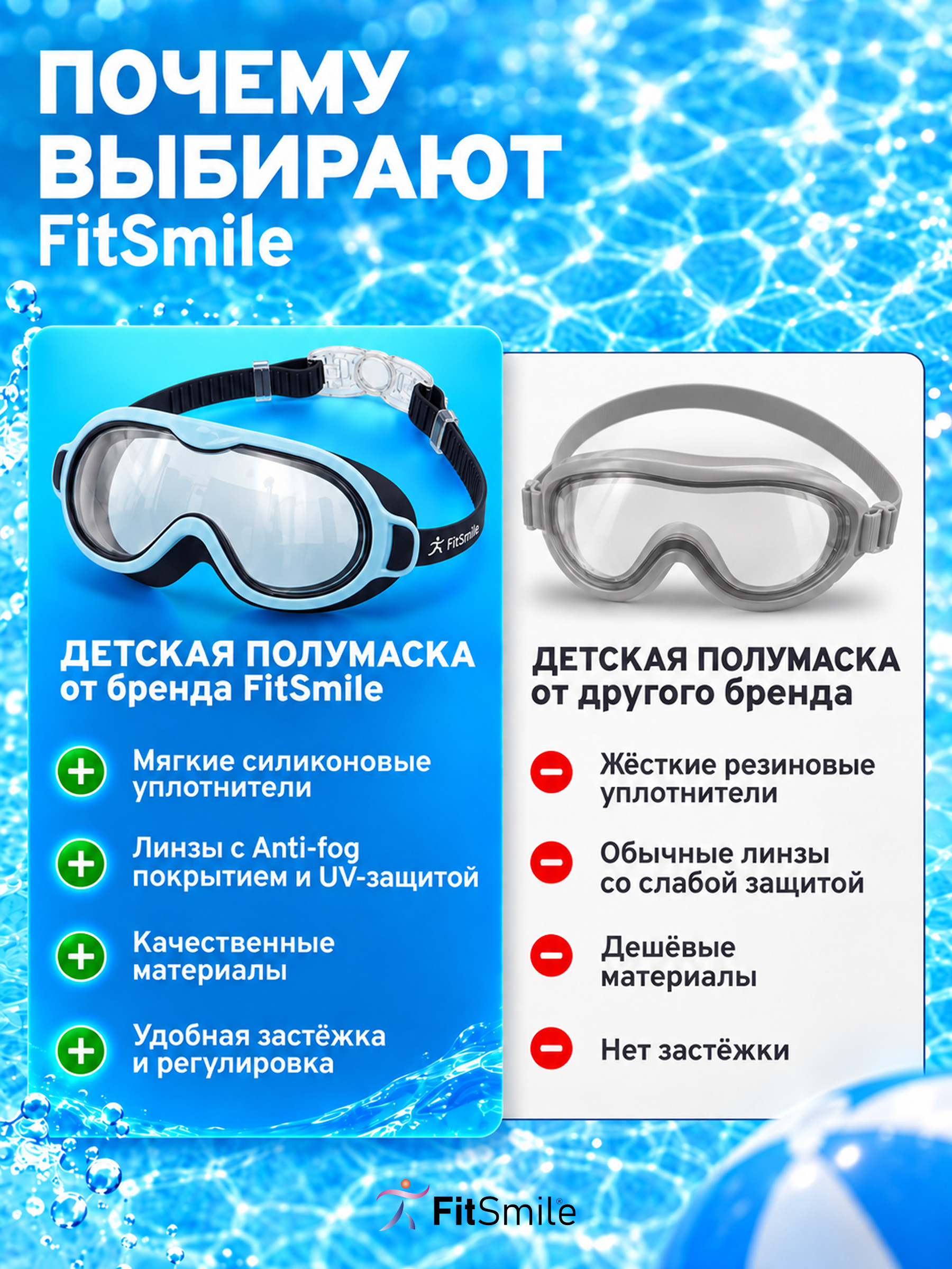 Детские очки для плавания FitSmile полумаска черно-голубая - фото 10