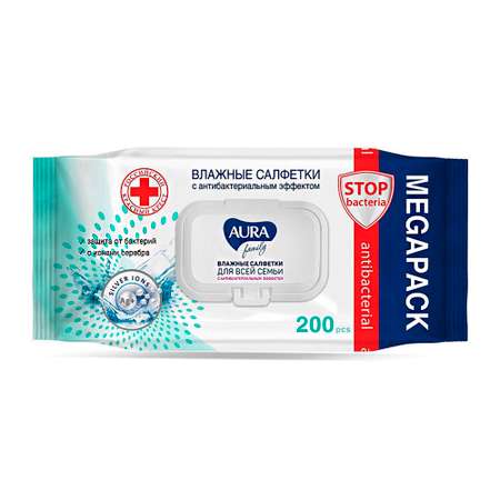 Влажные салфетки AURA Antibacterial антибактериальные 200 шт.