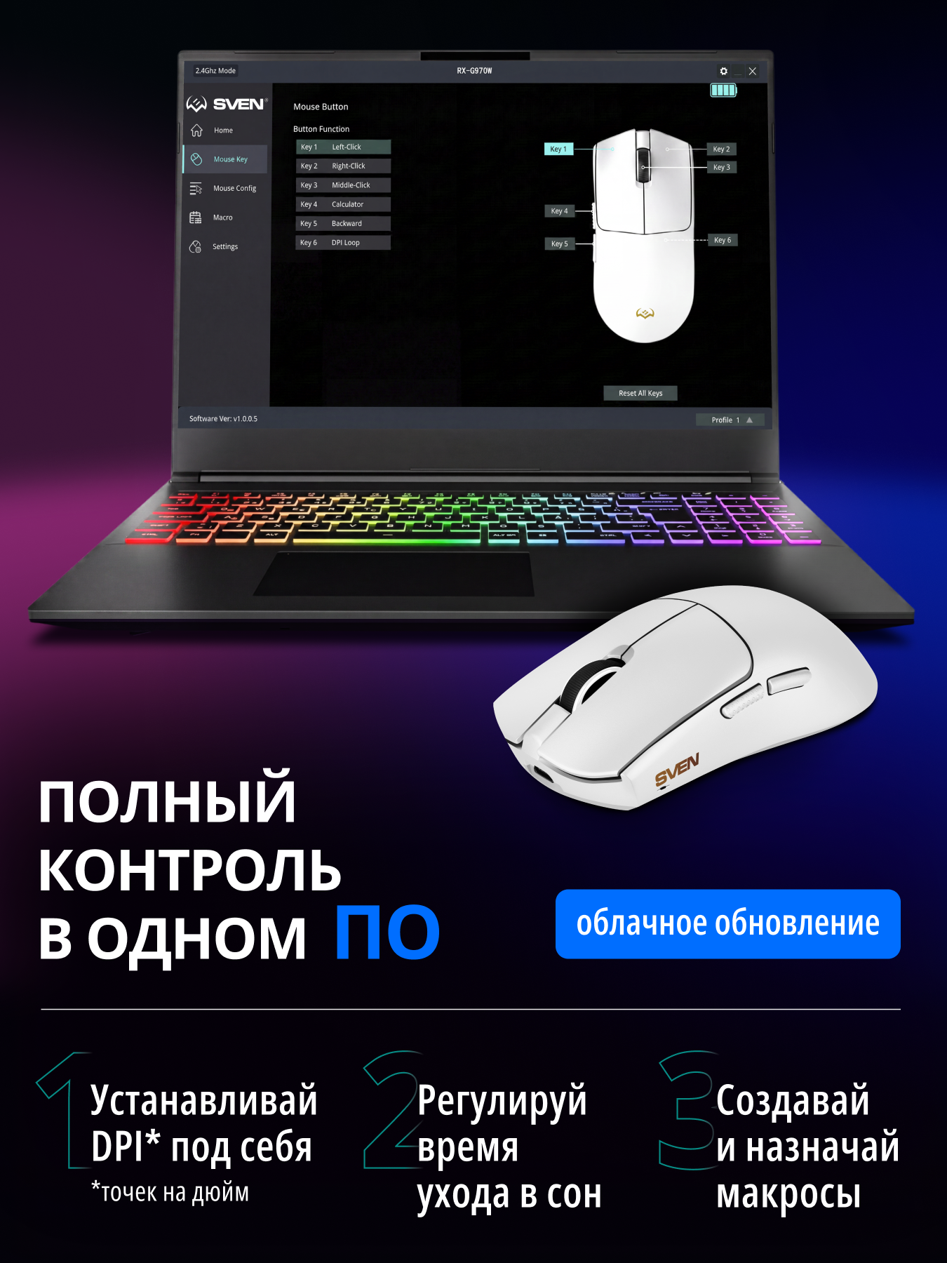 Беспроводная игровая мышь SVEN RX-G970W с ПО 100-30000 DPI (точек на дюйм) - фото 5