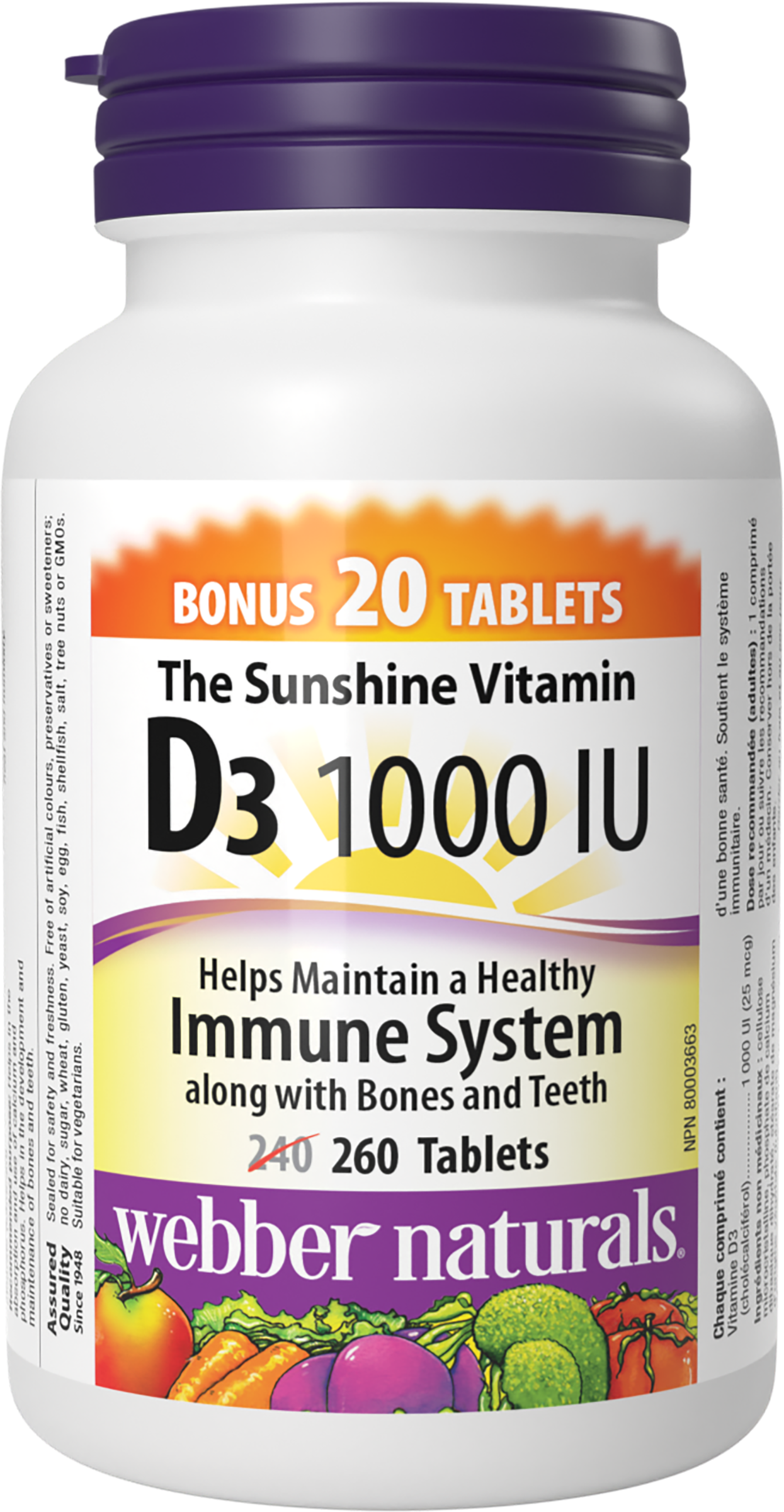 БАД Webber naturals Солнечный витамин D3 1000 МЕ в таблетках 200 мг 260 таб - фото 1