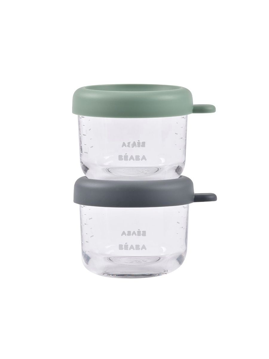 Набор контейнеров 2 шт. BEABA для детского питания и молока стекло 150 мл серый/зеленый - фото 1