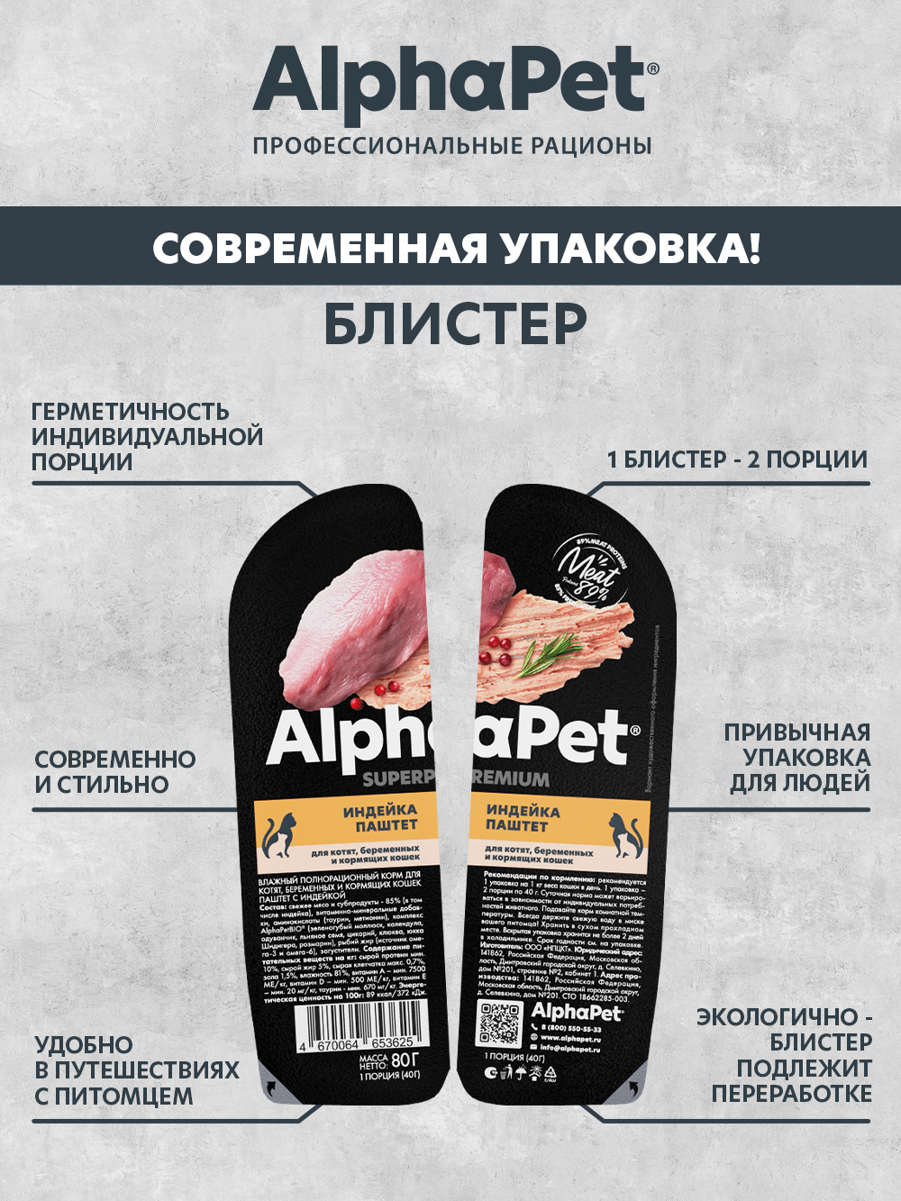Влажный полнорационный корм AlphaPet для котят, беременных и кормящих кошек паштет с индейкой 15 шт/80г - фото 2