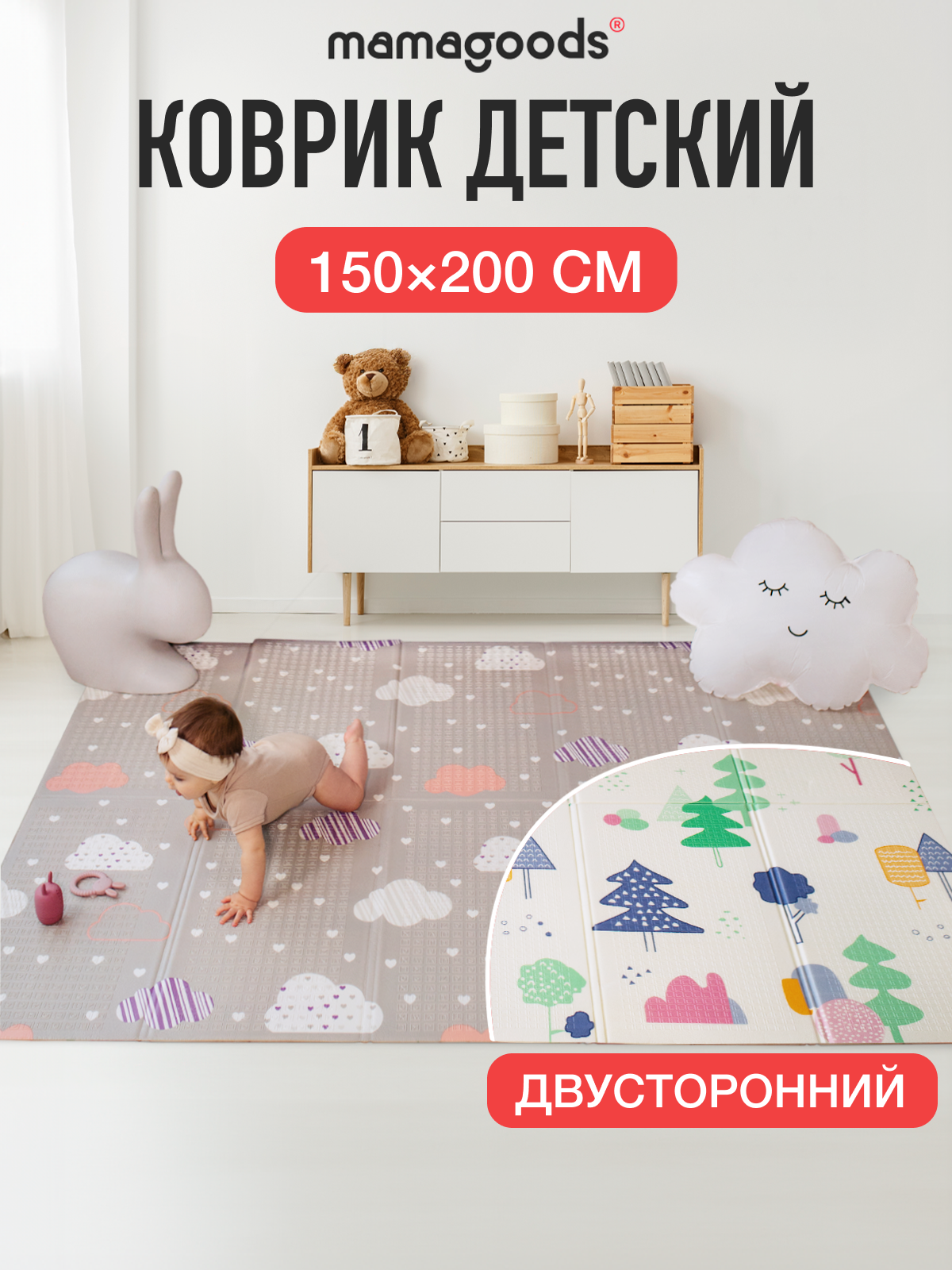 Развивающий коврик детский Mamagoods игровой 150х200 см Облачка и Сказочный лес - фото 1