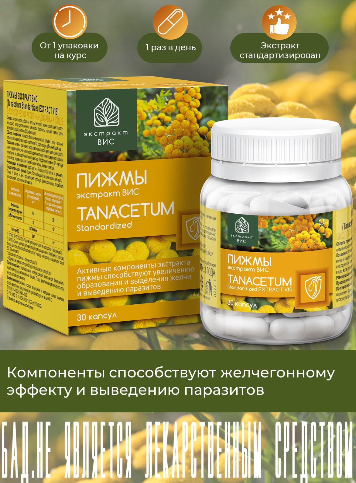 БАД Экстракт-ВИС Пижмы экстракт (Tanacetum Standartized EXTRACT VIS) капсулы №30 - фото 1