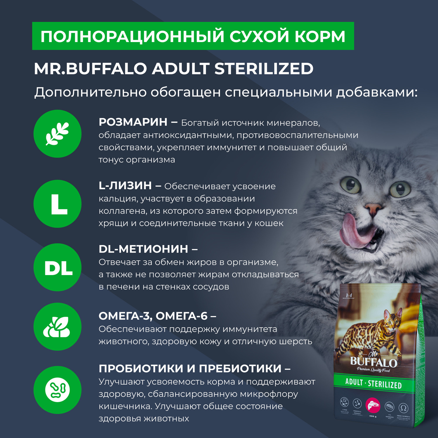 Корм для кошек Mr.Buffalo Castrated стерилизованных с лососем сухой 400г - фото 4