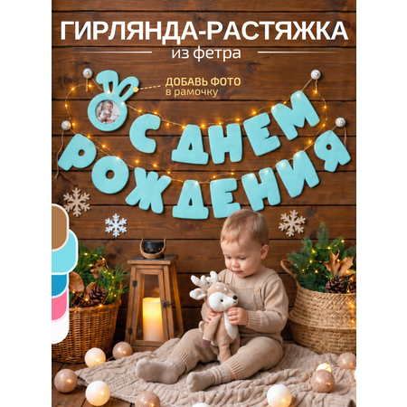 Гирлянда-растяжка Mimibabybook С Днем Рождения голубая фетр
