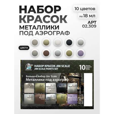 Набор акриловых красок Jim Scale Большой набор металликов под аэрограф 10 цветов по 18мл