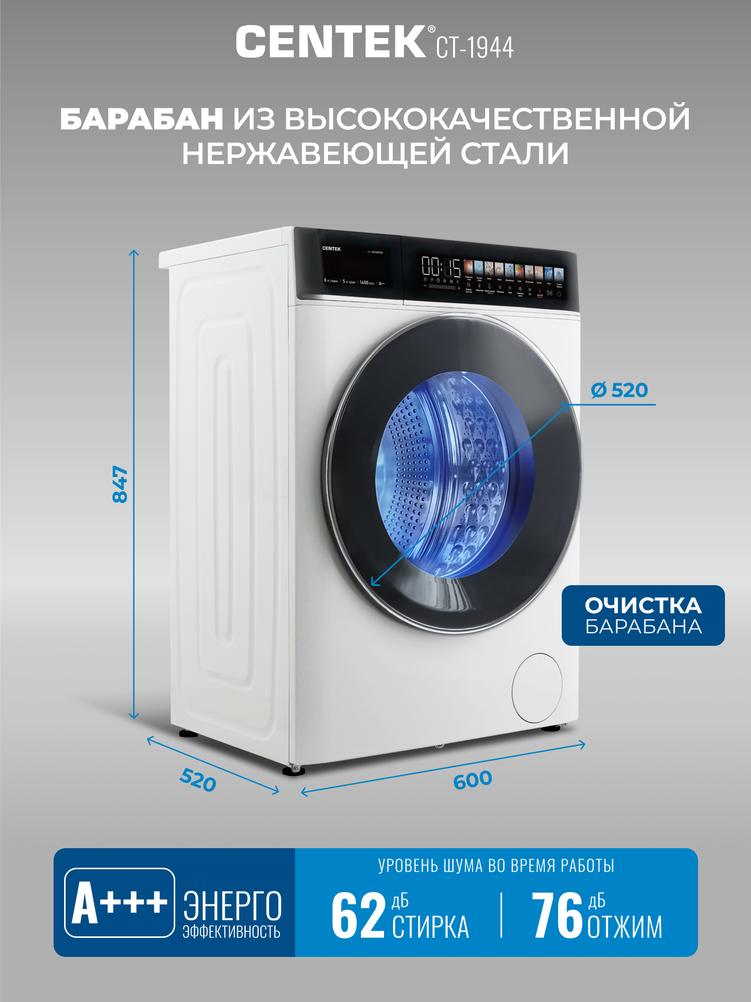 Стиральная машина Centek CT-1944 (белый) 1400 /8кг/ 52см /11прог /Диспл/INVERTER/Сушка 5кг/Пар/A+++ - фото 8