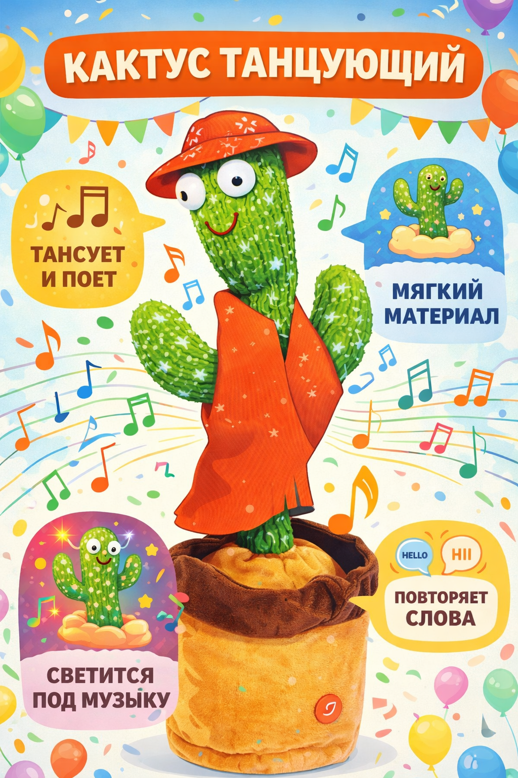 Мягкая игрушка BalaToys Кактус Танцующий Интерактивный - фото 1