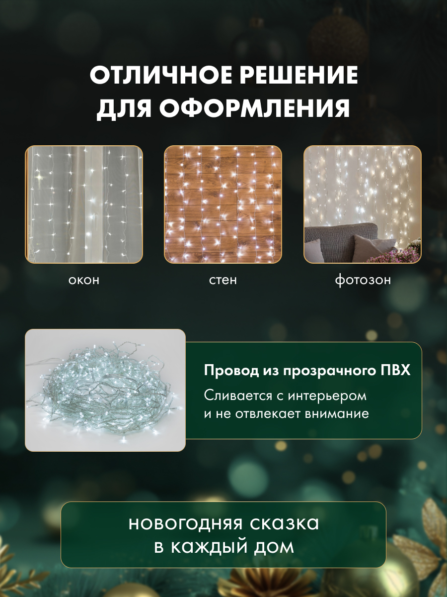 Светодиодная гирлянда NEON-NIGHT Дождь-занавес 1.5х1.5 м 8 режимов белое свечение - фото 5