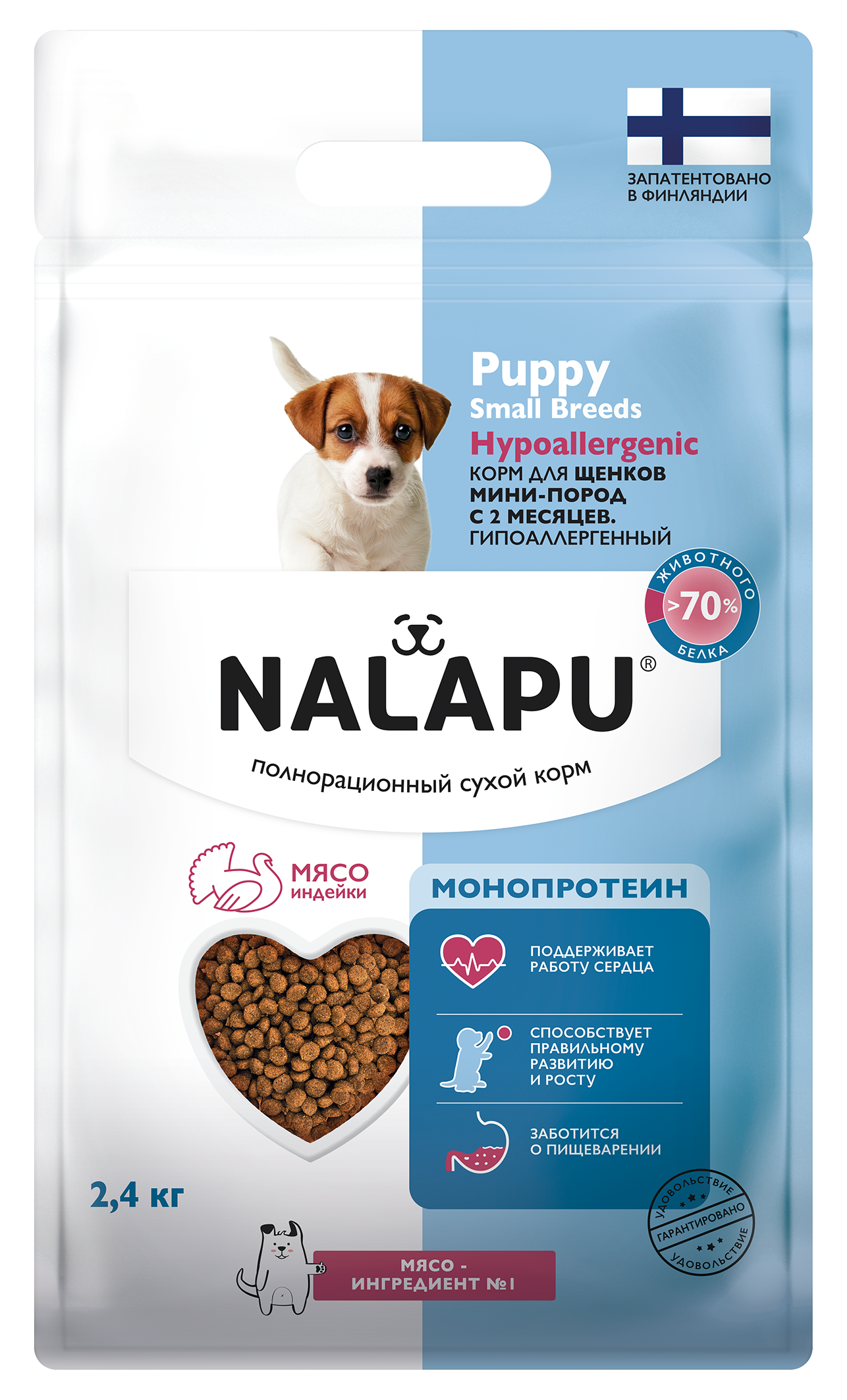 Корм для щенков сухой NALAPU Hypoallegenic Мини пород с 2-х месяцев с мясом индейки 2.4кг - фото 1