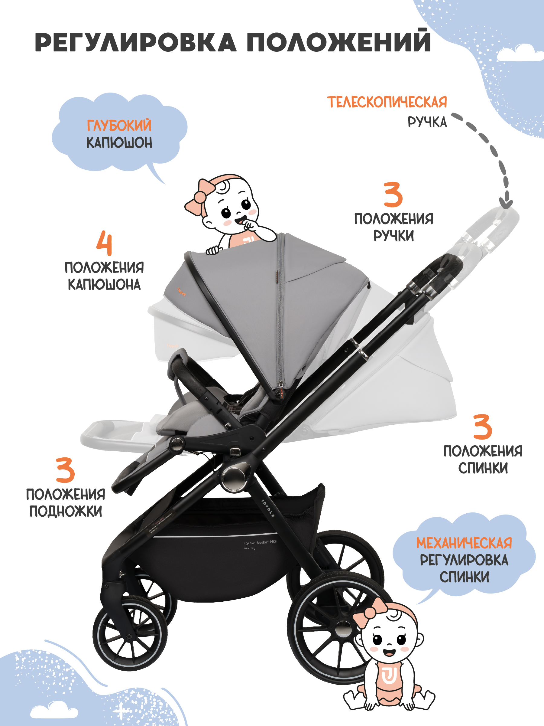 Коляска прогулочная JOVOLA Pepper светло-серый - фото 5