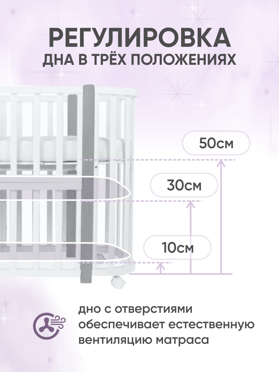 Детская кроватка Крошки Ни-Ки трансформер 5 в 1 овальная, поперечный маятник (белый, серый) - фото 4