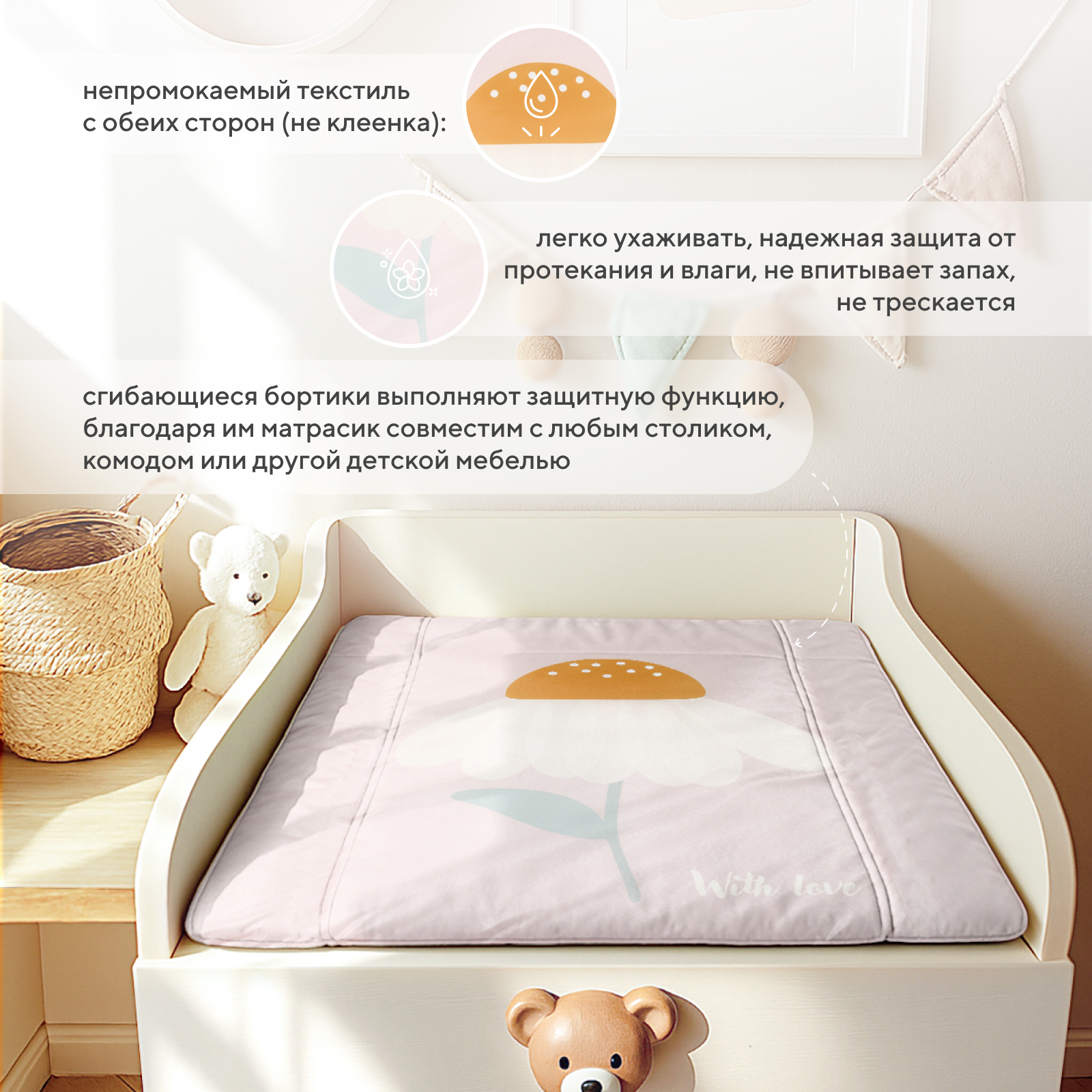 Матрас для пеленания Rant Flower 70х70 oxford с сумкой - фото 2