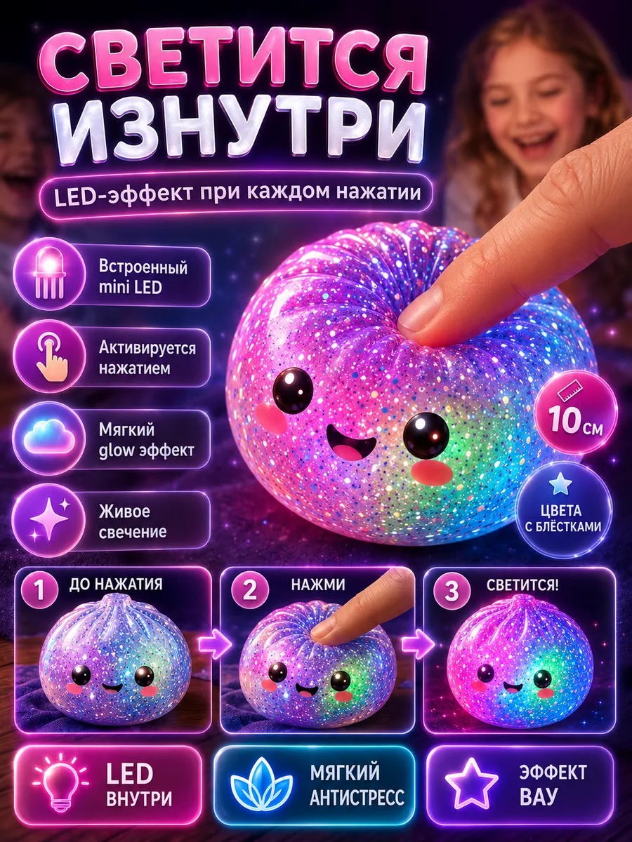 Игрушка-антистресс ТОТОША сквиш Хинкали с блестками светящиеся в ассортименте - фото 3