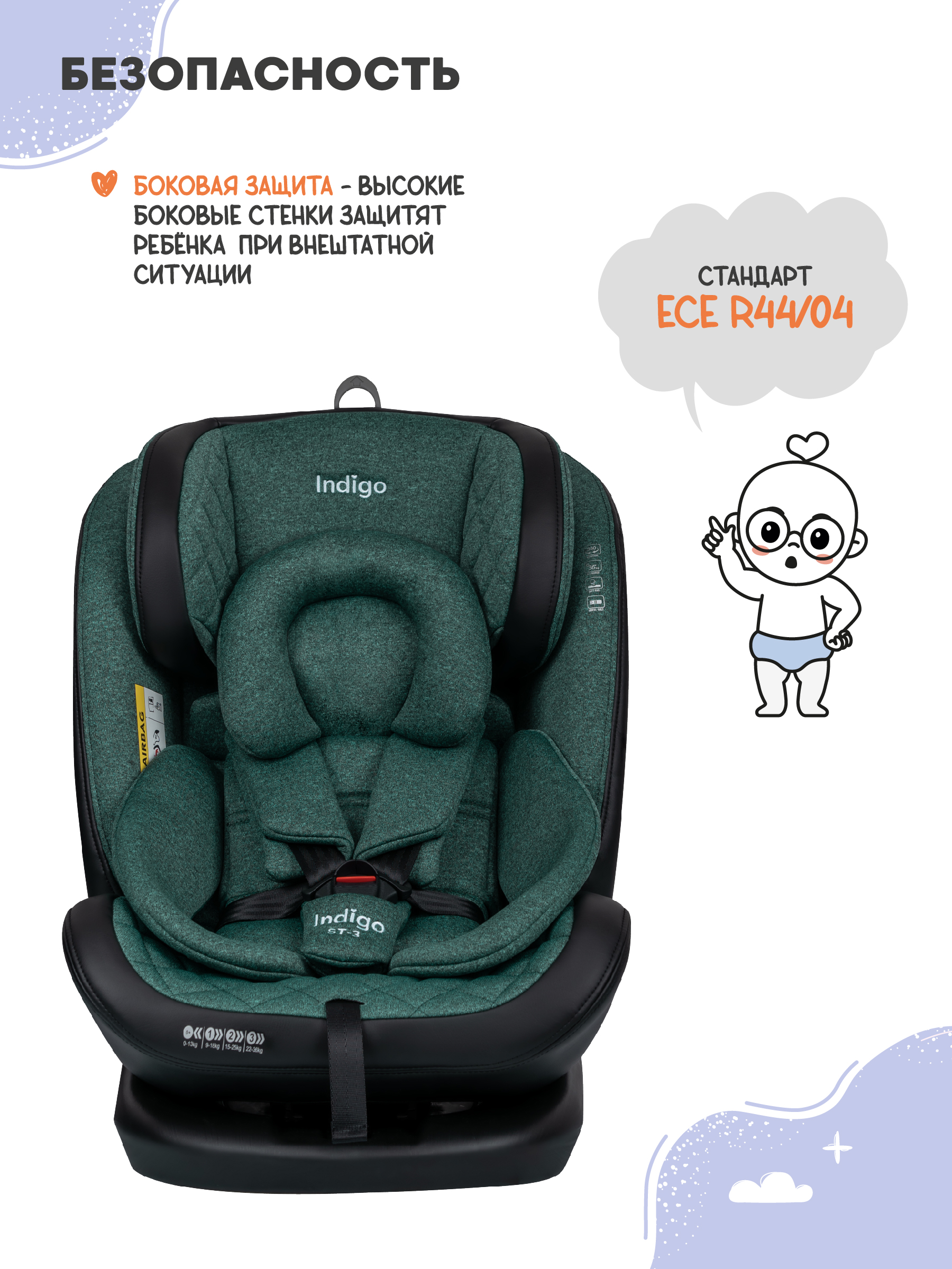 Автокресло Indigo Aero зеленый Isofix 0+/1/2/3 (0-36 кг) - фото 4
