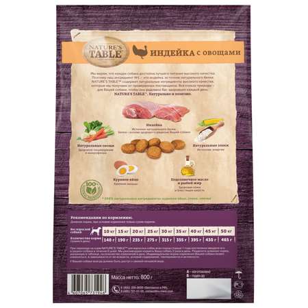 Корм для собак Natures Table индейка с овощами сухой 800г