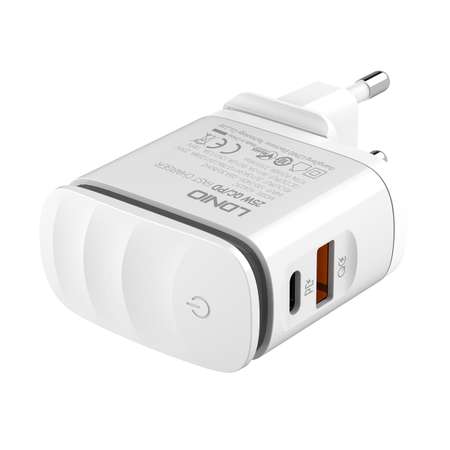 Сетевое зарядное устройство LDNIO A2423C + LED свет + кабель PD-L/PD + QC 3.0 / 2×USB 3-12V 25W / белый