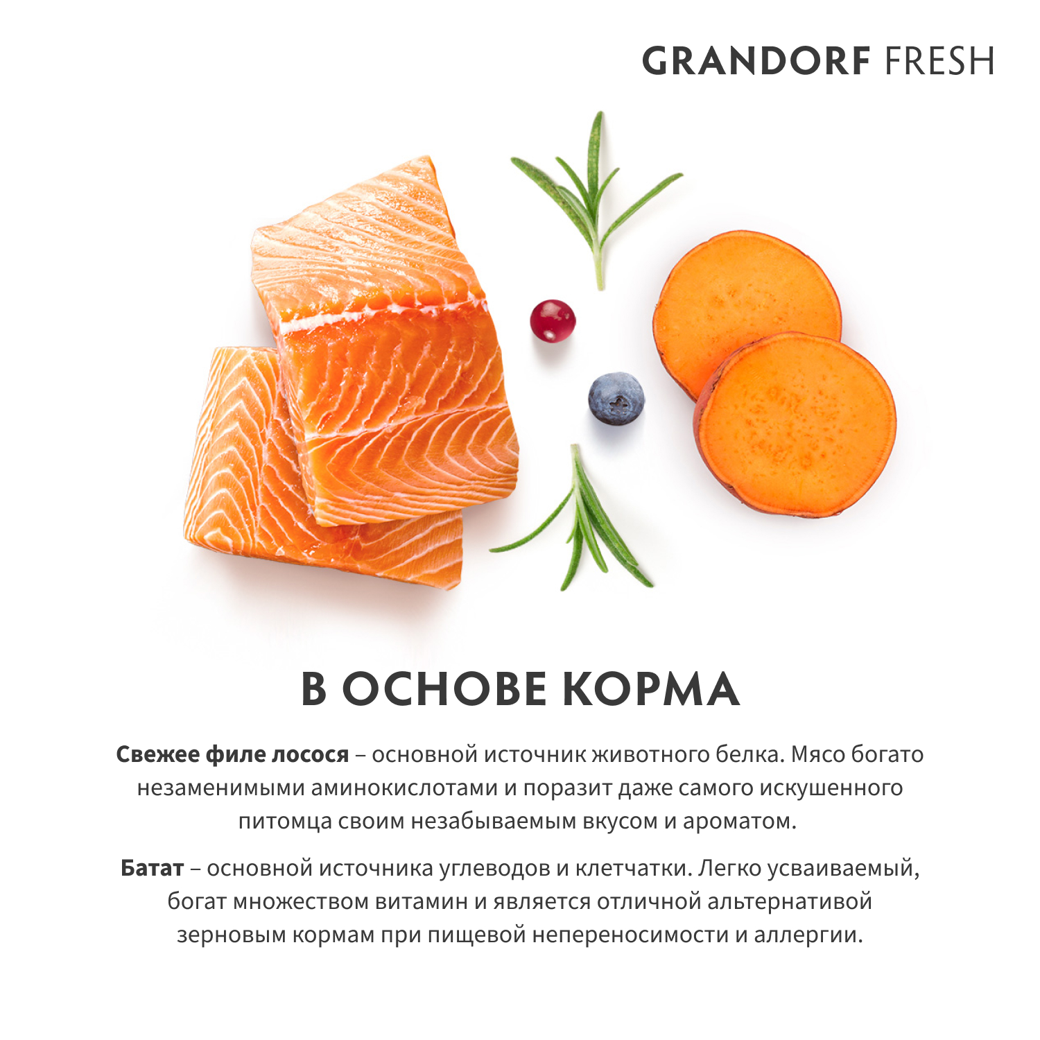 Корм для собак GRANDORF FRESH Fresh Dog Adult Med/Maxi Salmon/Sweet Potato сред и круп пород Свежее филе лосося 3кг беззерн с жив проб - фото 3
