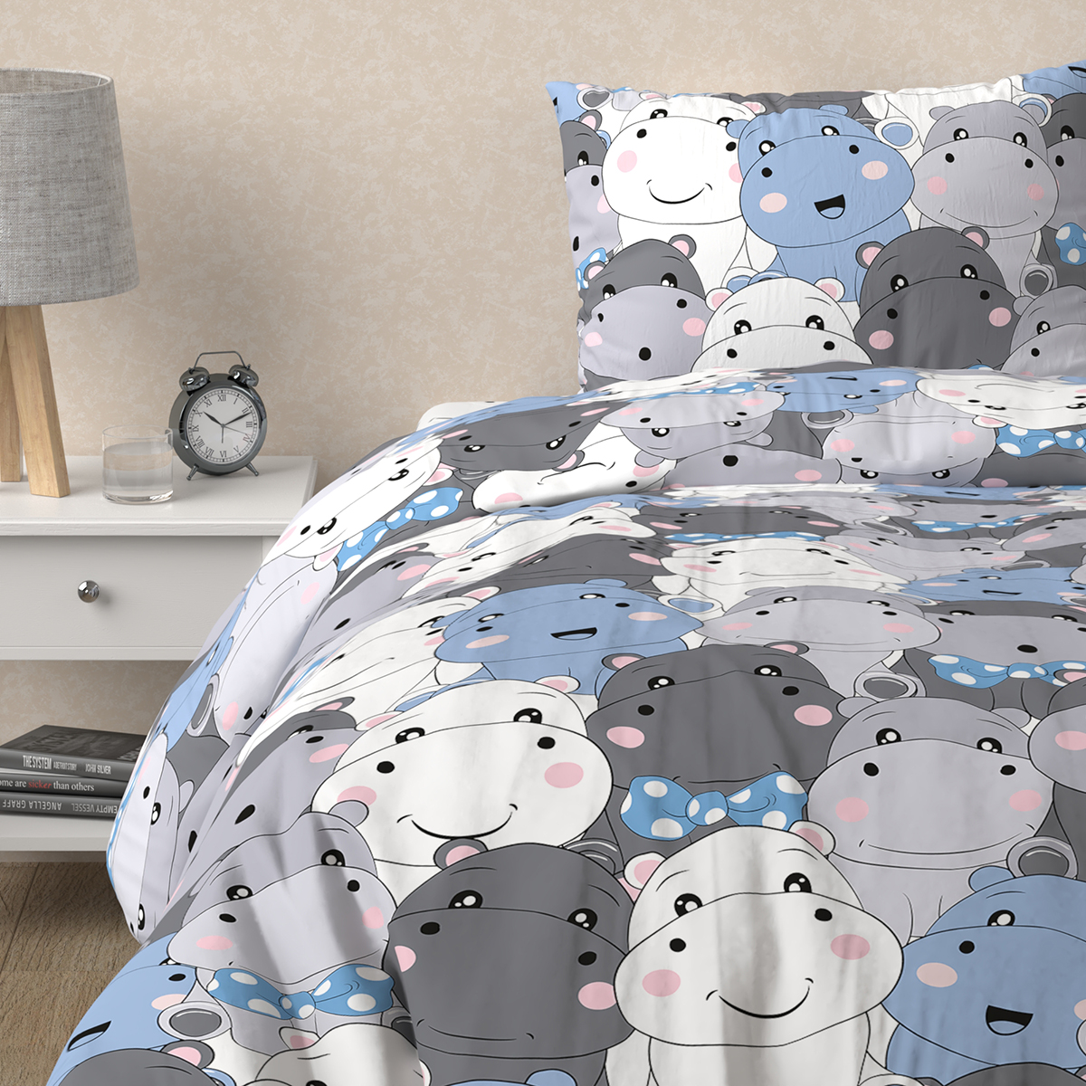 Комплект постельного белья TEO kids 1.5-спальный Бегемотики простыня на резинке 90х200 - фото 9
