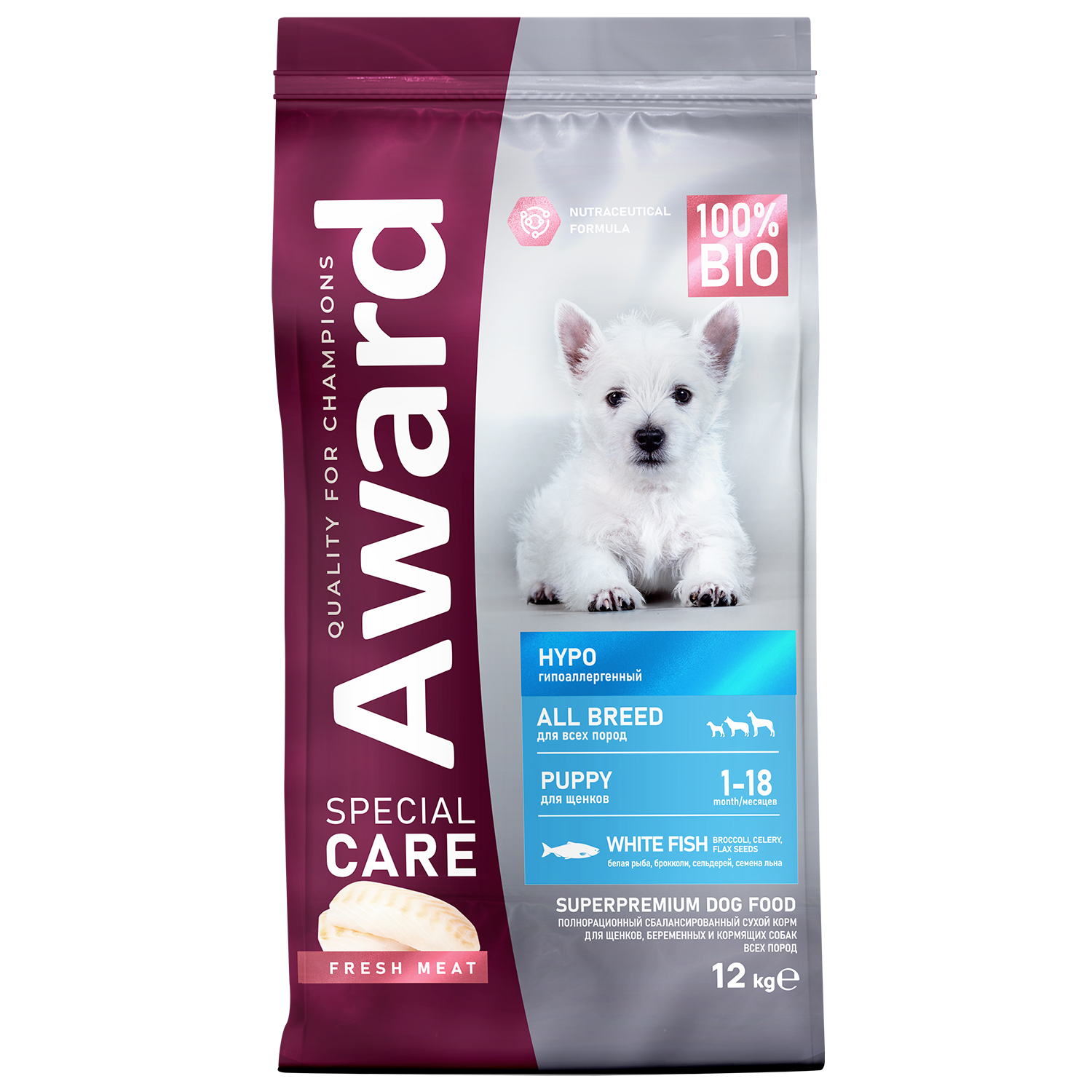 Корм для щенков и беременных собак AWARD Hypo Puppy всех пород склонных к аллерги со свежей белой рыбой сухой 12кг - фото 1