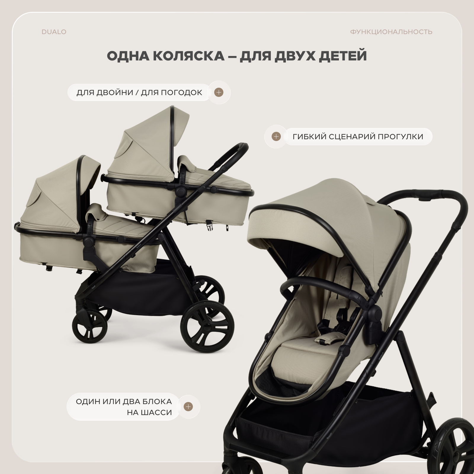 Коляска 2в1 для двойни Rant Basic Dualo бежевый - фото 4