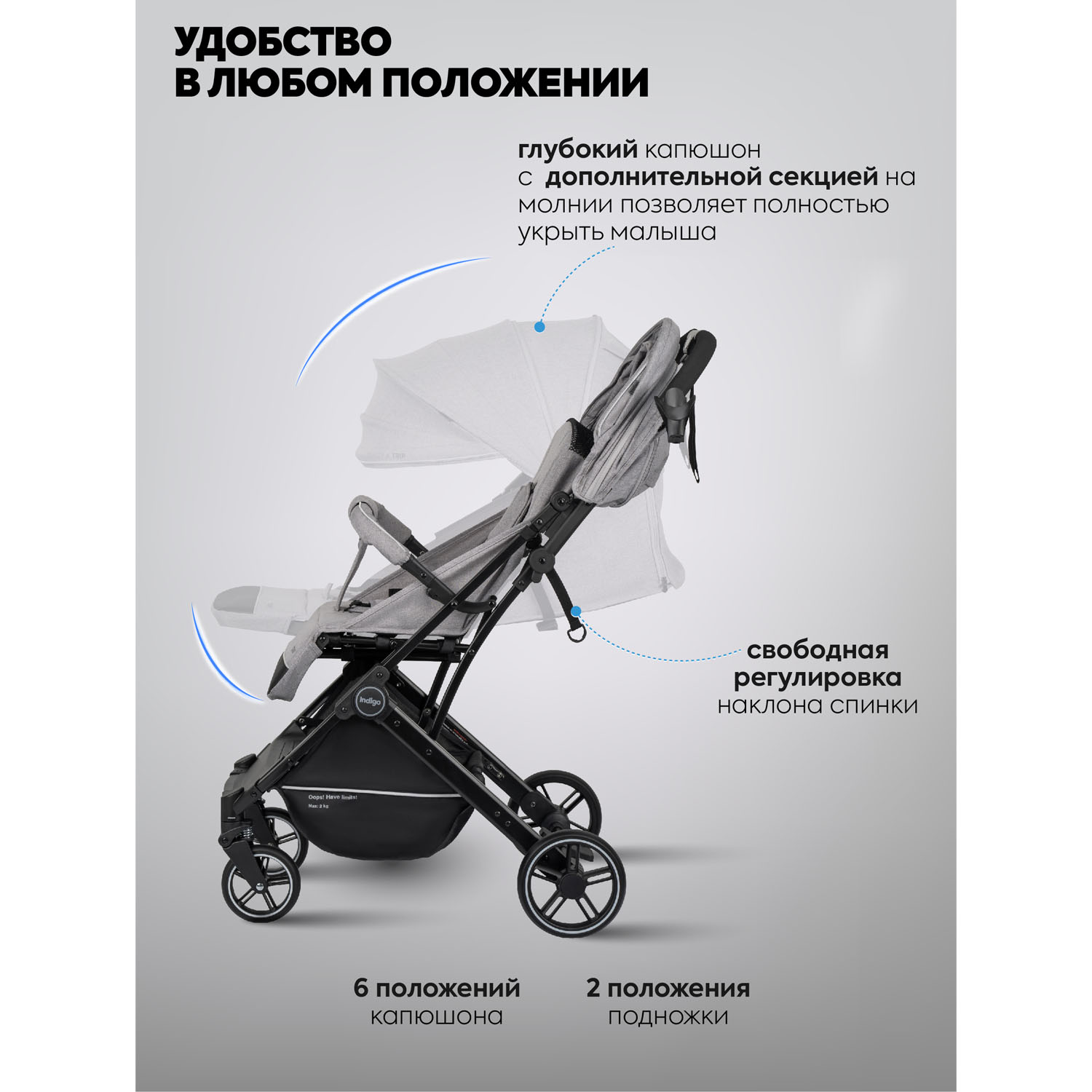Коляска прогулочная Indigo TRIP для путешествий, с.-серый - фото 5